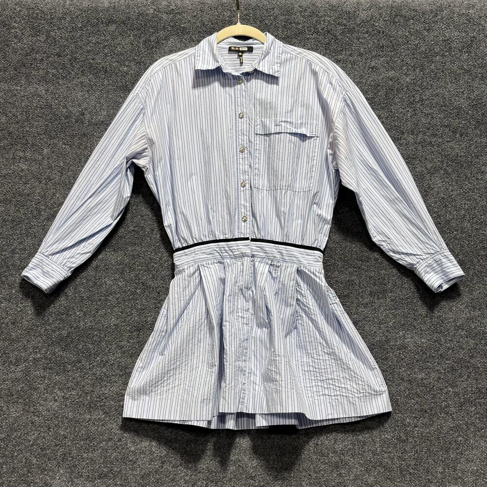 Maje Dress Womens 36 Blue Striped Long Sleeve Belted Mini Shirt Dress Short